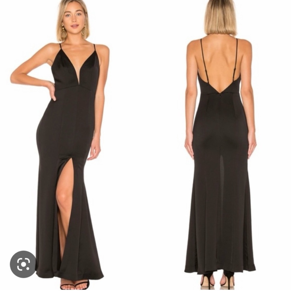 NBD XS full length dress in Black, front above knee slit